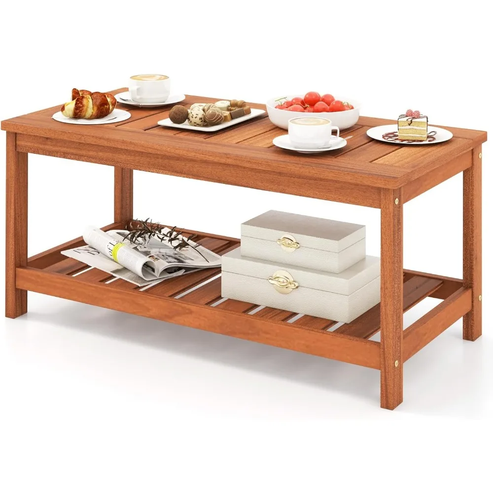 

Patio Coffee Table, Double-Tier Side Table with Solid Wood Structure, Slatted Tabletop & Shelf, Outdoor 2-Layer Recta