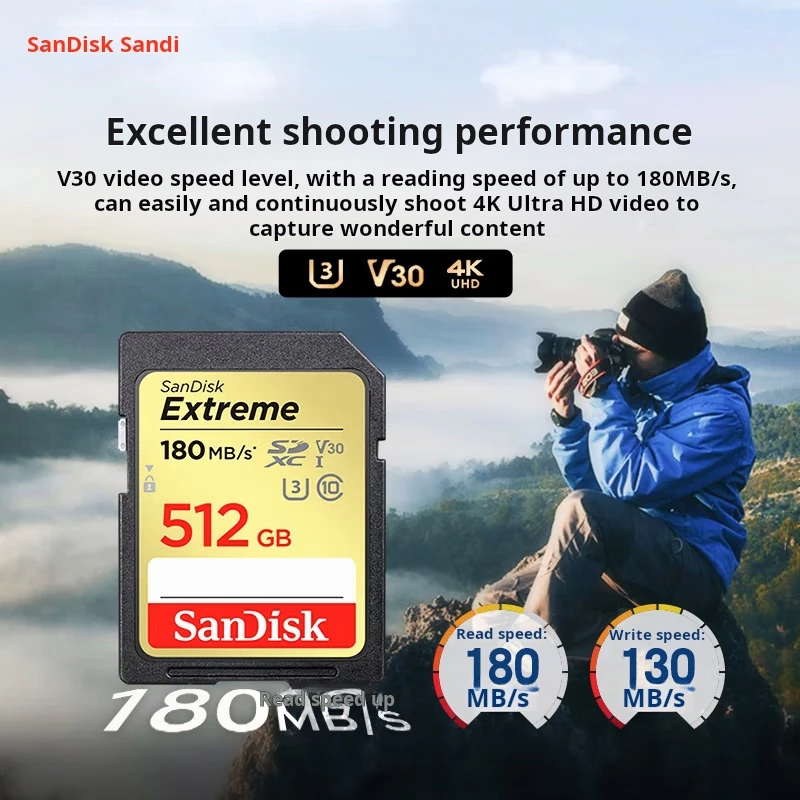 

Карта памяти SD-камеры SanDisk 512 ГБ, 4K V30 U3 C10, скорость чтения 180 Мбит/с, высокоскоростная, совместимая с беззеркальными/DSLR-камерами