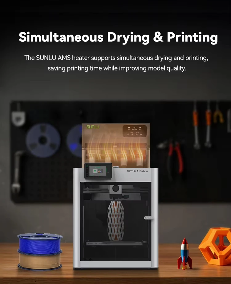 سخان AMS الرسمي من SUNLU، من 20 دقيقة إلى 70 ° C، جاف وطباعة في وقت واحد. مجاري مزدوجة، حرارة موحدة. توافق AMS بالكامل، والرطوبة الذكية