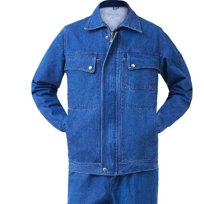 

Мужской джинсовый рабочий комплект из хлопка с большими карманами, устойчивый к ожогам и износу, для фрезерных работ и тяжелых работ.