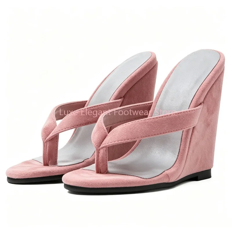 Purple Suede Slip On Clip Toe Wedge Mule Slippers Women Strappy Open Round Toe Sandals Fashion Trendy Summer Causal Dress Shoes