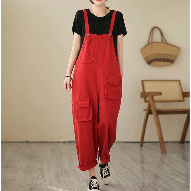 Fashion Korean Streetwear Denim Jumpsuit Women Loose Big Size Baggy Cargo Pants Wide Leg Mom Dungarees Straps Overalls Red Black