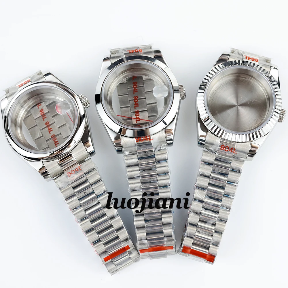 36/39mm silver watch case presidential bracelet steel sapphire glass Fit NH35 NH36 movement waterproof 28.5mm dial daejust case