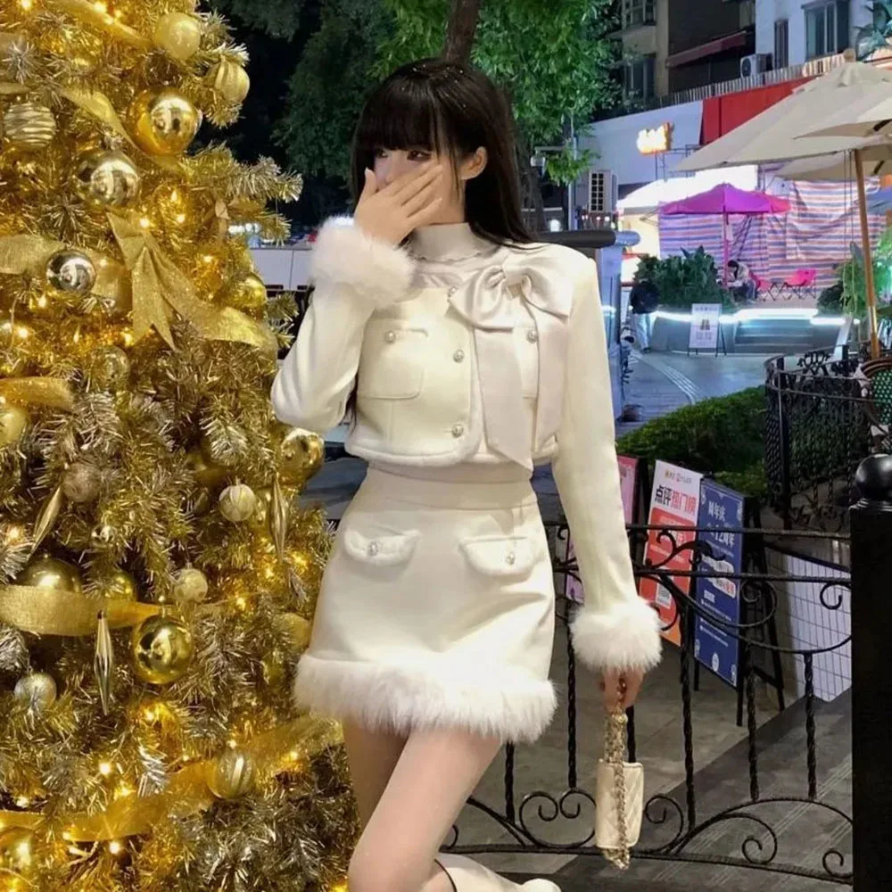 

Модная плюшевая темпераментная куртка + шикарные нежные длинные юбки, зимний теплый элегантный комплект из двух предметов для девочек, пальто, юбка, наряд