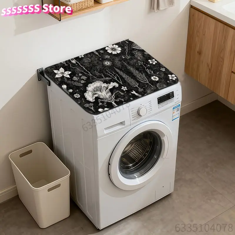 Botanical Flower Plant Pattern Polyester Fiber Washing Machine Dryer Mat, Detailed White Line Art Floral Print Decorative Mat fo
