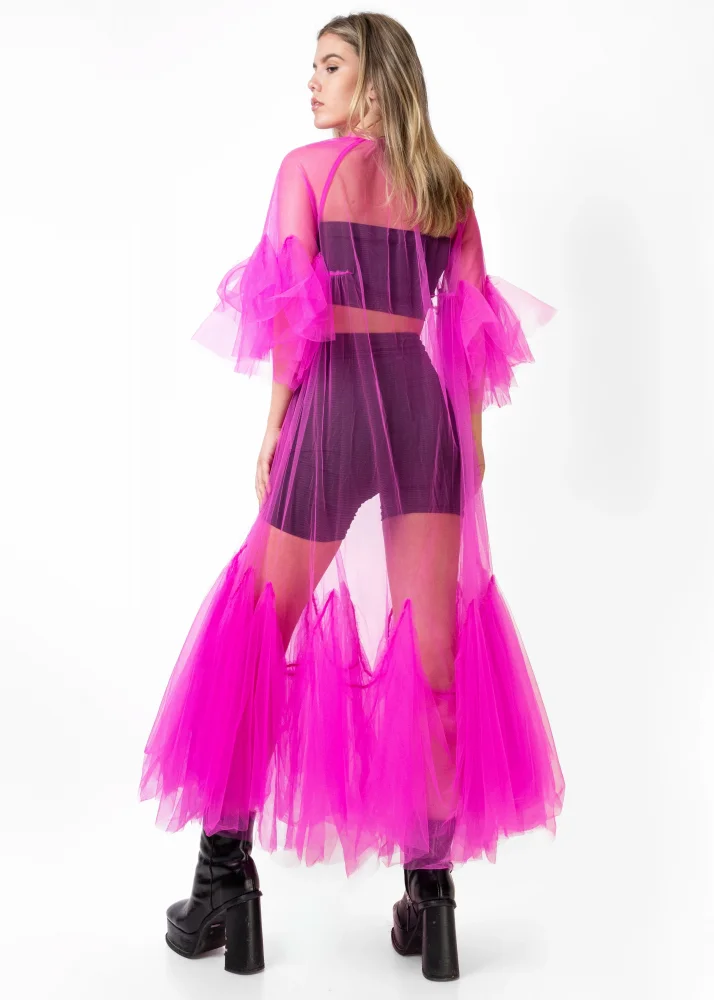 فساتين حفلات فوشيا تراكب بأكمام من التل بطول الكاحل فستان نسائي شفاف على شكل حرف A طويل مطوي شفاف من خلال فساتين الحفلات الراقصة