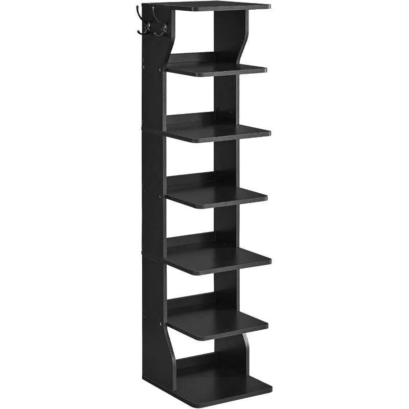 

Vertical Shoe Rack, Narrow Storage Organizer with Hooks, Slim Wooden Corner Tower Robust and Durable