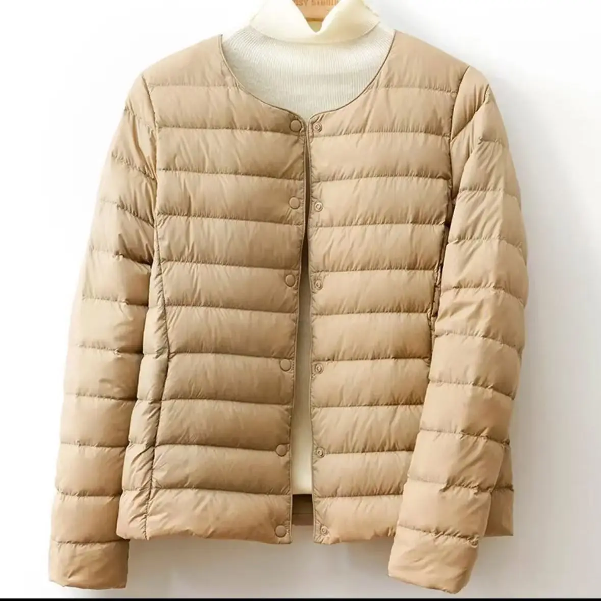 Nowa, lekka kurtka puchowa z białego kaczy puchu na jesień i zimę, z damską podszewką, krótka, z okrągłym dekoltem i bez kołnierza, ciepła.