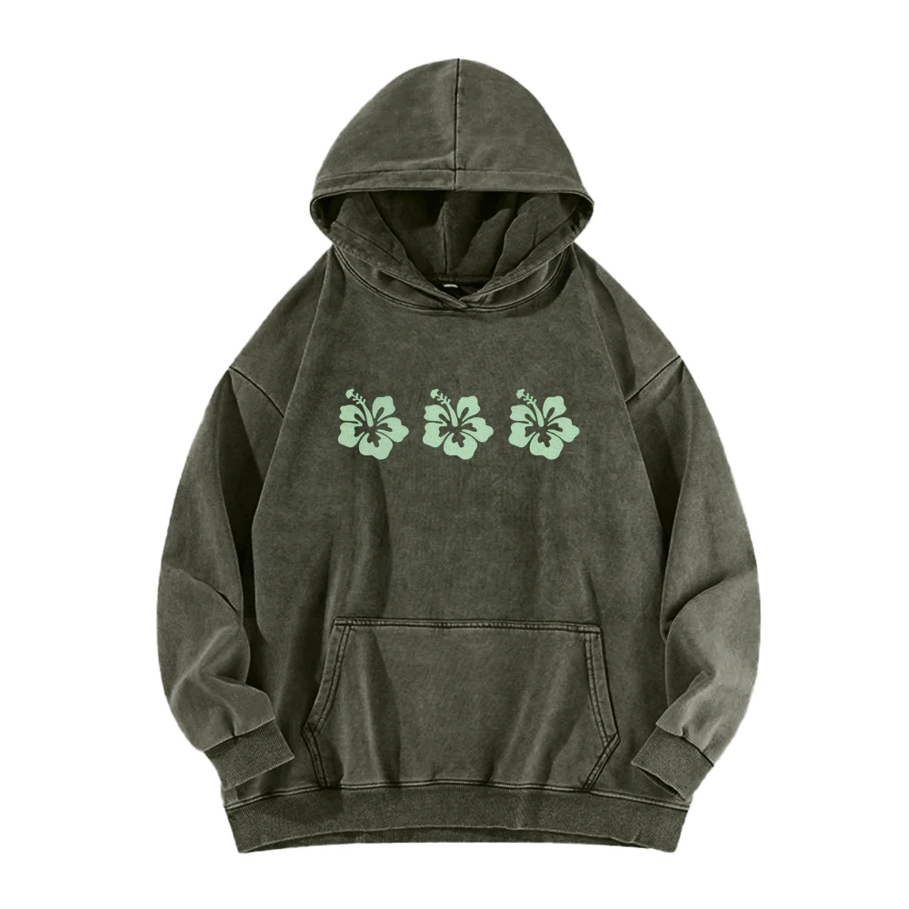 

Green Hibiscus Flower Washed Hoodie Sweatshirt, Vacation Shirt, Beach Aesthetic Sweater, Trendy Preppy Clothes,Oversized Jumper,