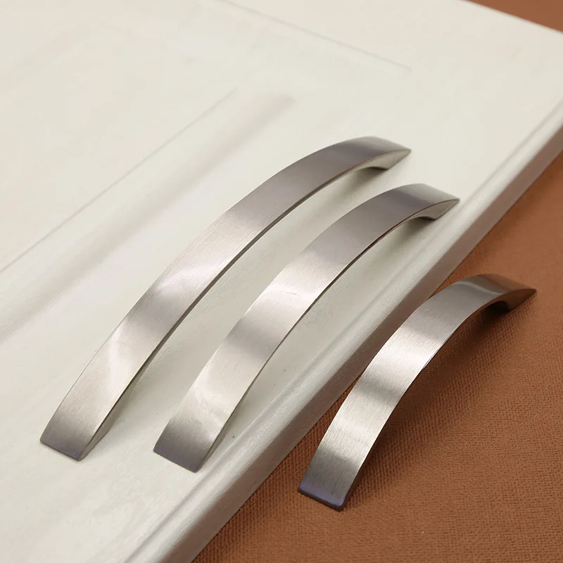10 Uds. Cajones de gabinete cepillados de níquel curvo, simplicidad moderna europea, puertas de gabinete, manijas de herrajes para muebles de aleación de aluminio