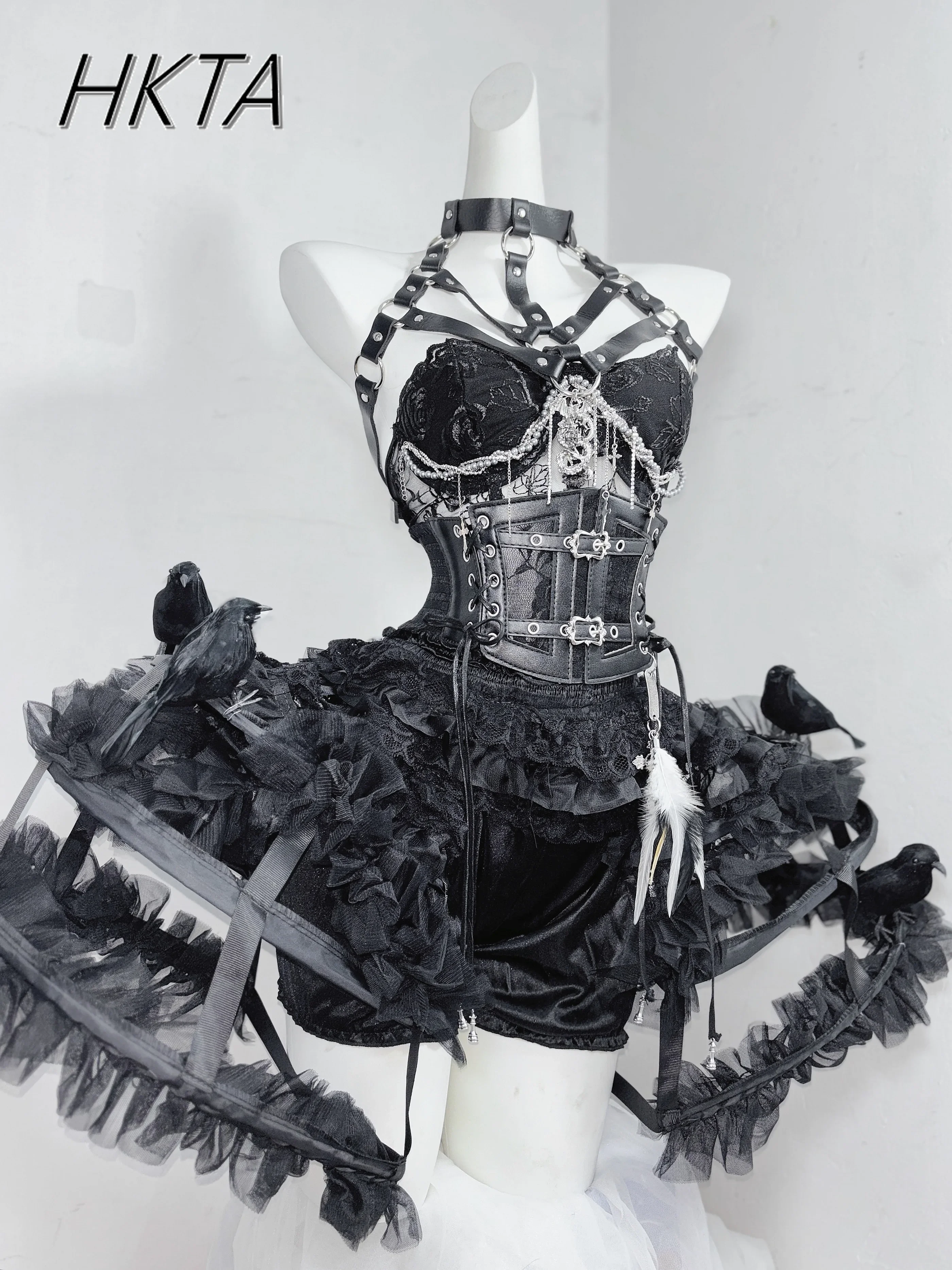 

2026 new Original Pure Black Gothic Rib Shaped Fishbone Corset Three-dimensional Crow Lace Birdcage Short Skirt Split Dress