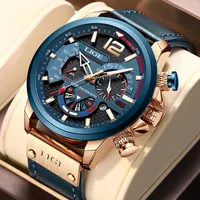 LIGE-reloj analógico con correa de cuero para hombre, accesorio de pulsera de cuarzo resistente al agua con cronógrafo, complemento Masculino deportivo de marca de lujo con diseño moderno