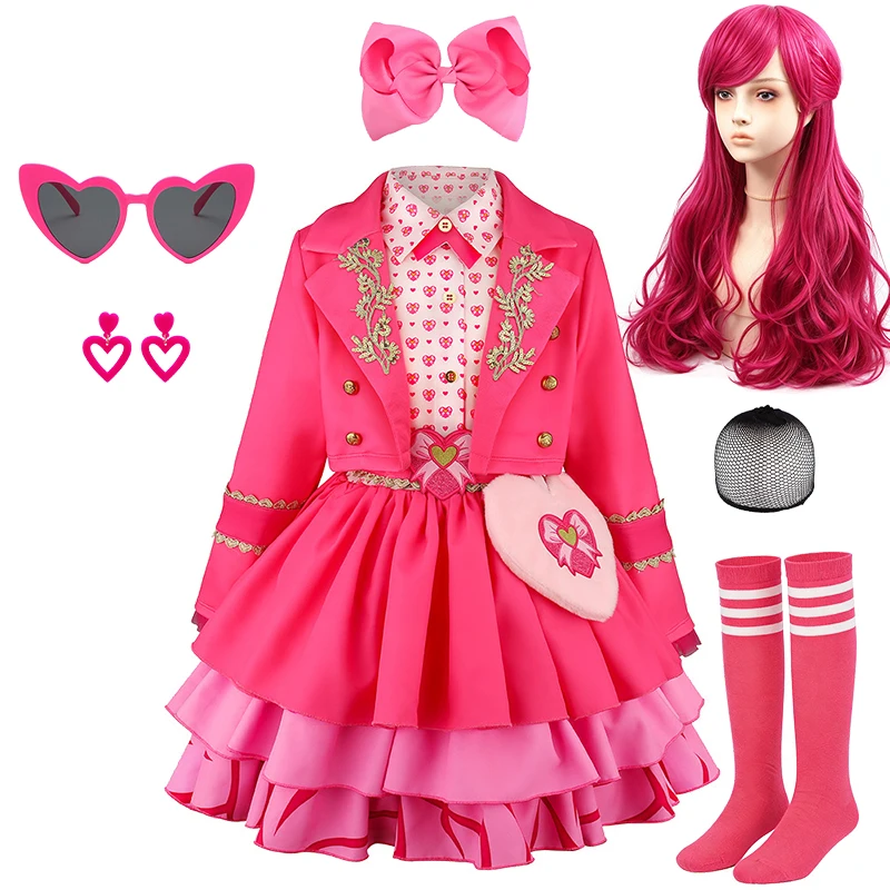 Pink Princess Bridget Layered Ruffle Fancy Girls Outfits Halloween Cosplay Descendants Performance Carnival Children's Costume