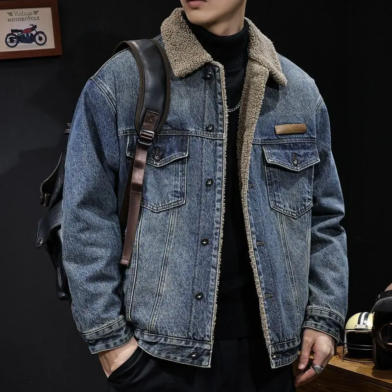 سترة صوف خروف عتيقة ملابس عمل مبطنة بالصوف معطف شتوي من القطن سترة سميكة دافئة من قماش الدنيم