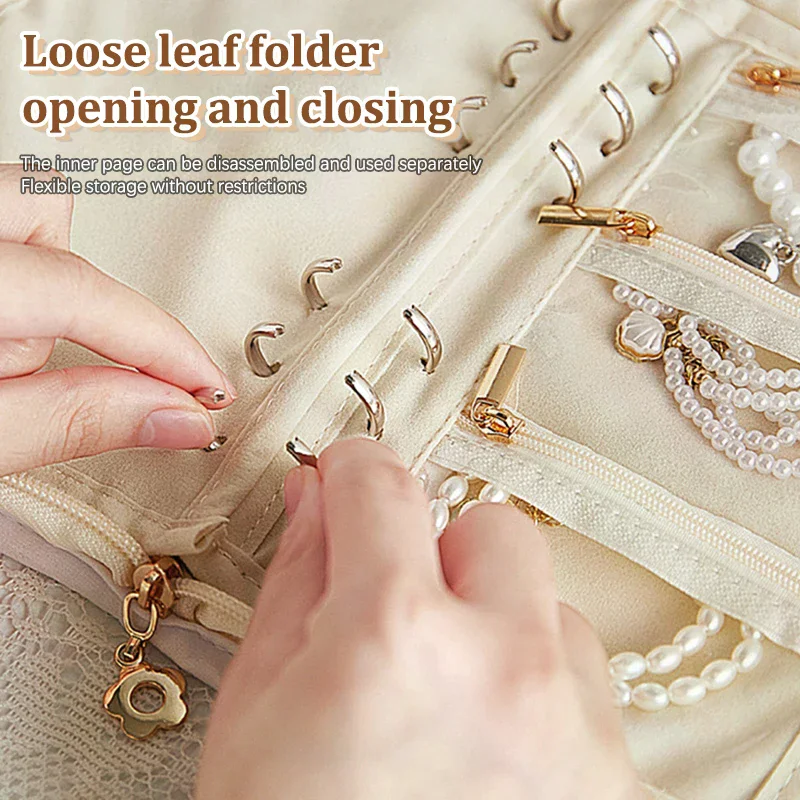 كتاب تخزين المجوهرات مع حقيبة بسحاب شفاف وقلادة وخاتم وحقيبة تخزين فاخرة من جلد الغزال وجيوب بنمط الورد #3