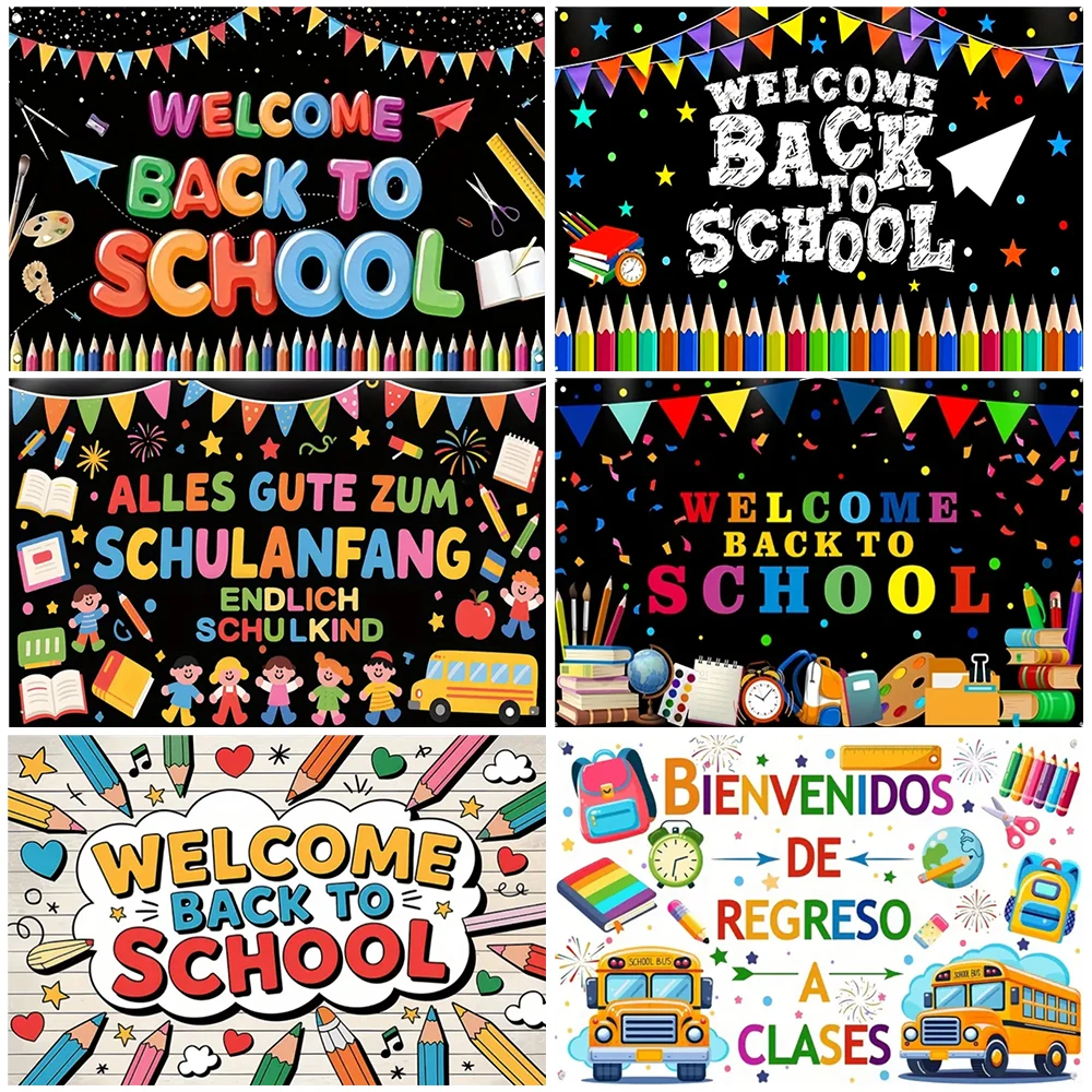

Welcome Back to School Pencil Chalk Blackboard Backdrop Photography School Student Classroom Supplies Black and Color Banner
