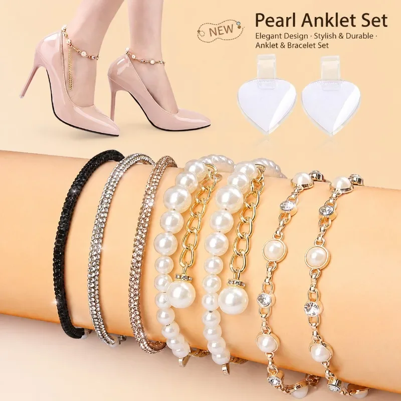 Detachable Pearl Rhinestone Shoe Straps for High Heels Anti-Slip Lazy Shoelaces Adjustable Ankle Band Prevent Heel Slipping