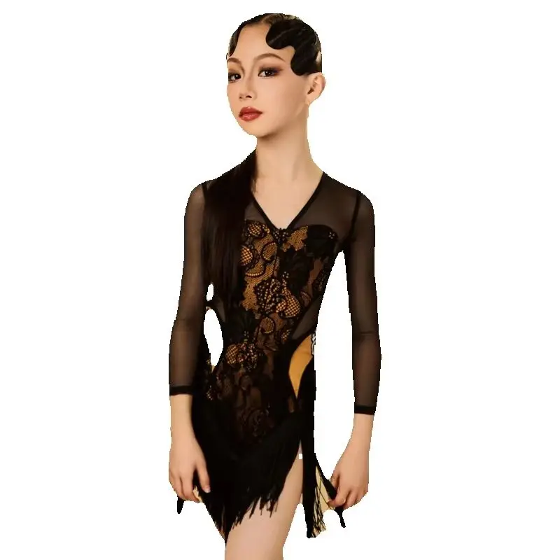 子供用メッシュドレス,フリンジドレス,プロのラテンダンスドレス,サンバチャチャ,パフォーマンスコスチューム,女の子用,sl11866