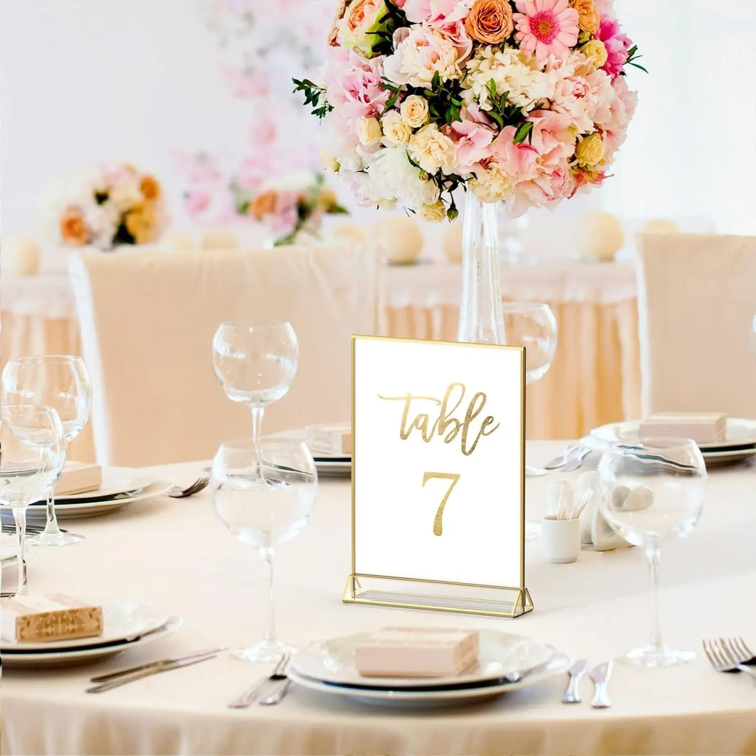 Klarer Acryl-Schilderhalter mit goldenen Rändern und vertikalem Ständer, doppelseitige Tischmenühalter, Bilderrahmen für Geburtstag, Hochzeit – Detail 4