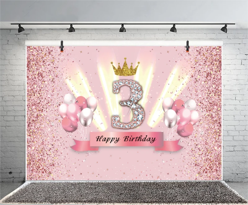 Pink 3rd Backdrop Glod Crown Newborn Baby Shower Princess Girl 3 Years Old Birthday Party Photo Background Photocall Prop Banner