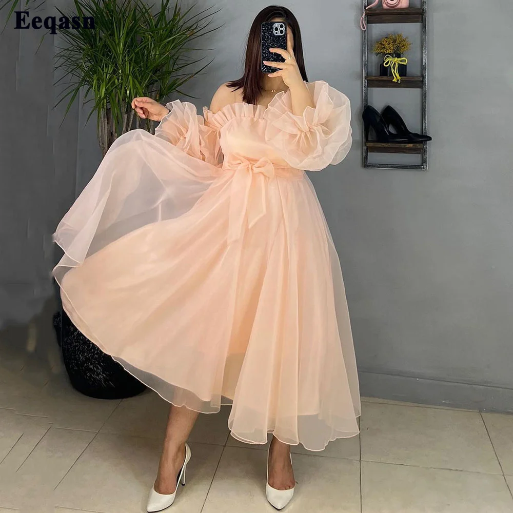 

Eeqasn New Long Puff Sleeves Midi Prom Dresses with Sashes Off The Shoulder A Line Formal Evening Party Dress Women Prom Gowns