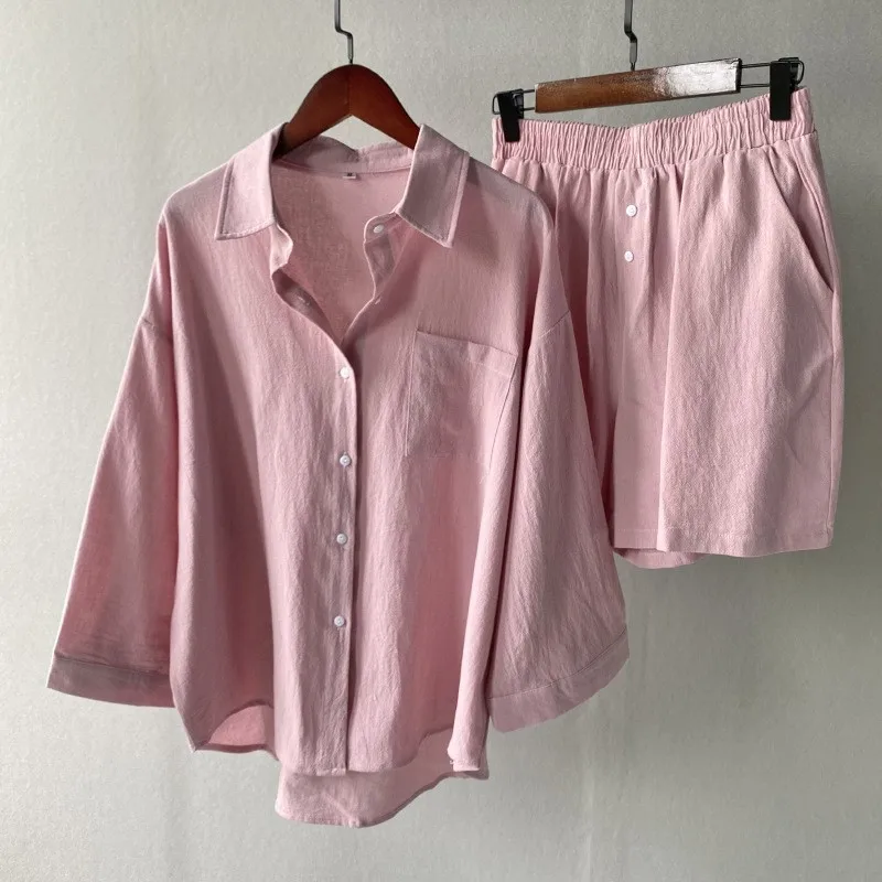 

Summer Solid Color Simple Two Piece Sets For Women 2024 New In Matching Female Outfit Pocket Splic Loose Shirt Shorts Set Casual