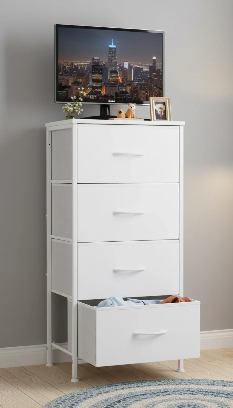 Comodino con cassetto in tessuto per piccole camere da letto, dormitori, appartamenti - Organizzatore di stoccaggio a 4 cassetti