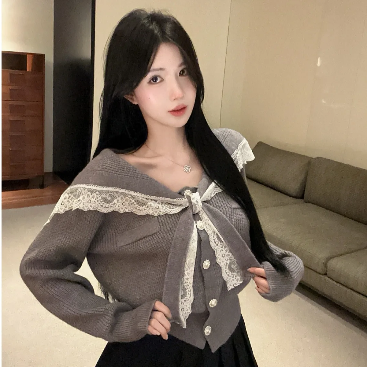 

Осенне-зимний комплект свитеров для колледжа, милый темно-синий воротник, кружевной вязаный дэт, юбка в клетку с высокой талией, модная женская юбка...