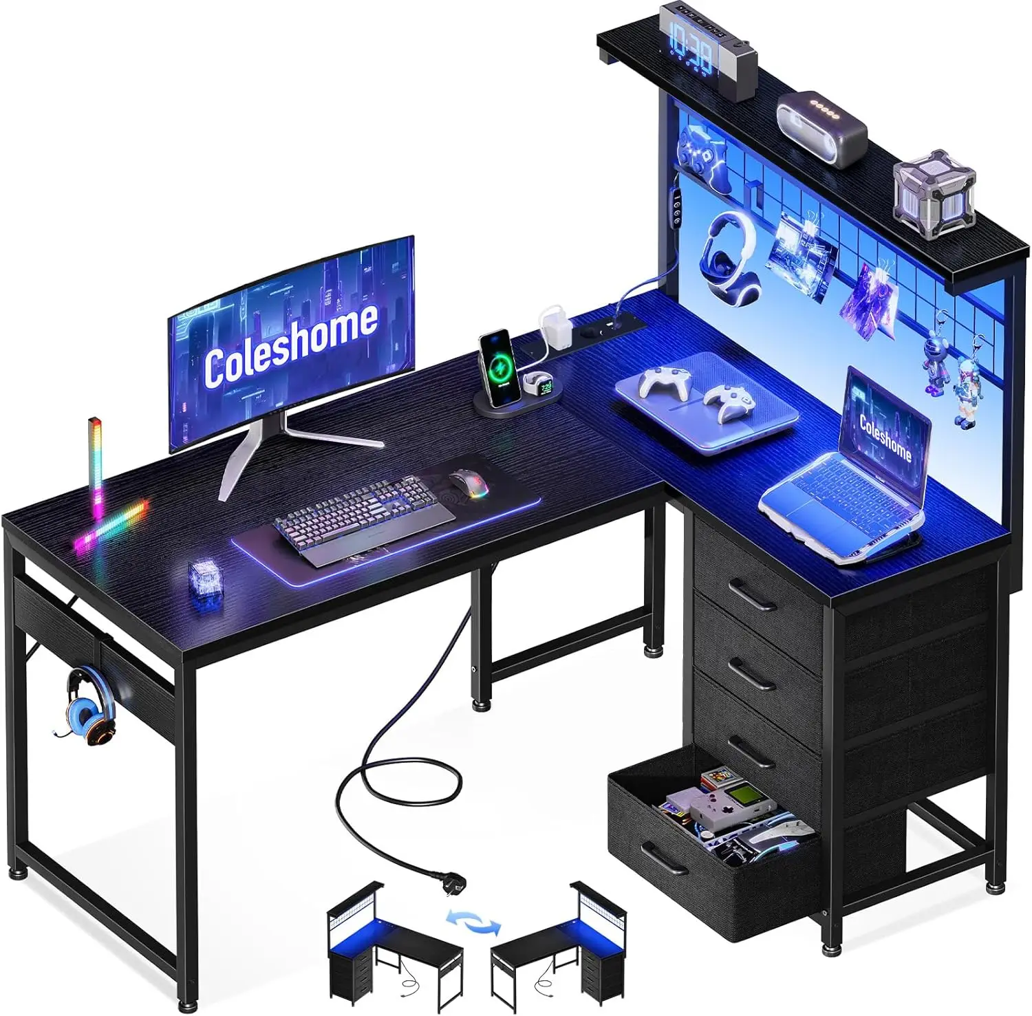 Coleshome L-förmiger Gaming-Schreibtisch mit 4 Schubladen, 130 x 100 cm, Gamer-Schreibtisch mit LED und Steckdosen, Eck-Schreibtisch, Gaming-Tisch mit Regal für Home-Office-Spiele, Schwarz