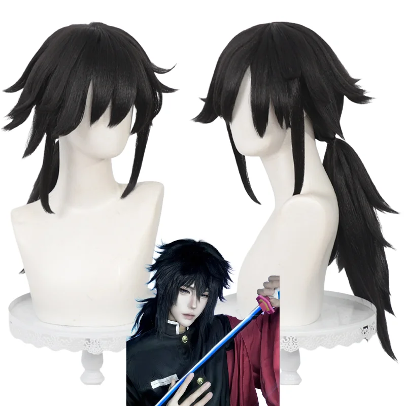 

Giyuu Tomioka Cosplay Wig Black Low Ponytail Unisex Heat Resistant Synthetic Hair for Halloween Comic Con Party Free Wig Cap