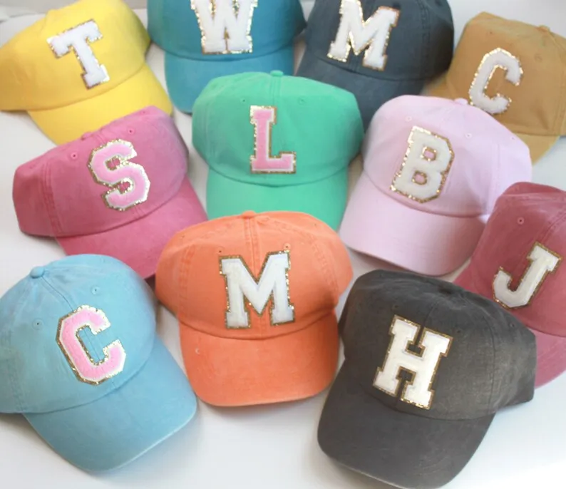 

Custom Chenille Varsity Letter or Number Patch Hat Personalized Women's Ball Cap Pigment Dyed Team Color Hat - Sports Number Cap