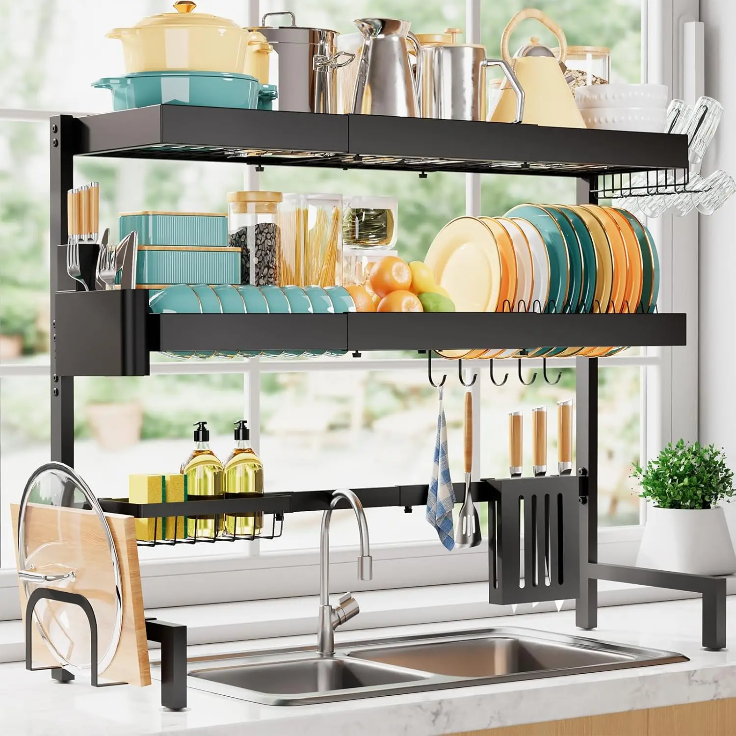 

Expandable 3-Tier Stainless Steel Dish Drying Rack, Over The Sink Kitchen Storage Organizer, Rustproof Space-Saving Black