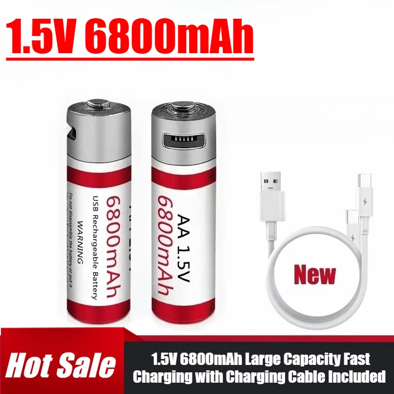 

New AA Rechargeable Lithium Battery 1.5V 6800mAh Large Capacity Fast Charging with Charging Cable Included