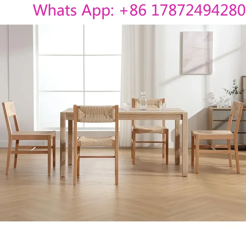 Wood Rattan Dining Room Chairs Set of 6, with Wicker Seagrass Backrest and Seat