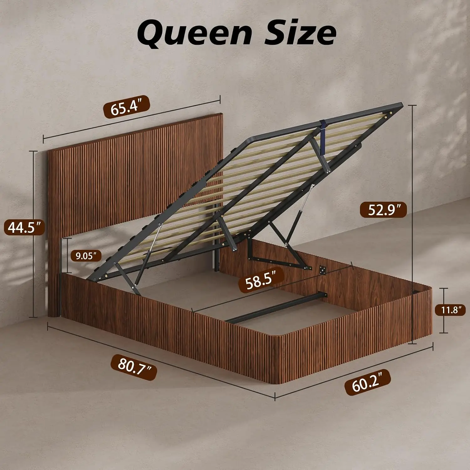 Queen Platform Bed Frame, Mid-Century Modern Wooden Bed with Headboard, Hydraulic Lift Storage, Noise-Free Slat Support