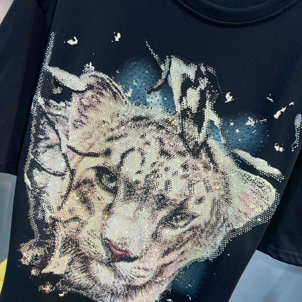 플러스 사이즈 티 동물 핫 다이아몬드 티셔츠 여성 반팔 라운드 넥 루즈 탑 트렌디