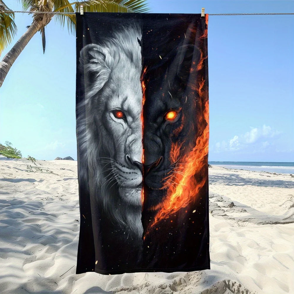 Toalla de playa de microfibra de doble cara con diseño de león y arte bicolor, de secado rápido y sin arena, para piscina, viajes y decoración del hogar