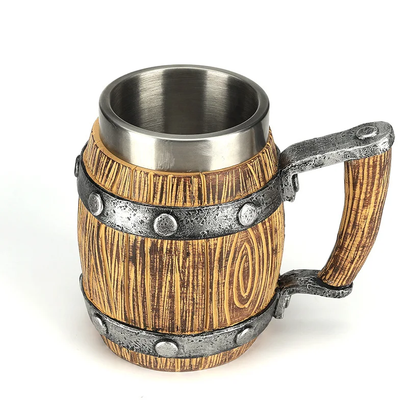 

1pc Wooden-Barrel Beer Mug–21oz viking cool coffee mug stainless steel tankard Cup Viking Gift for Men Viking Norse decor