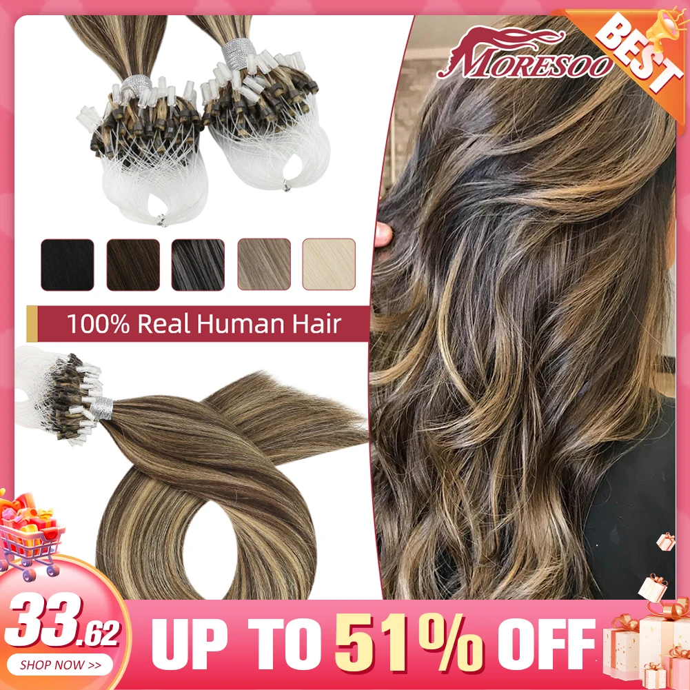 Moresoo Micro Link Hair Extensions Human Hair 1G/1S Remy Natural Hair Micro Ring Extensions Brazilian Straight Hair Micro Loop