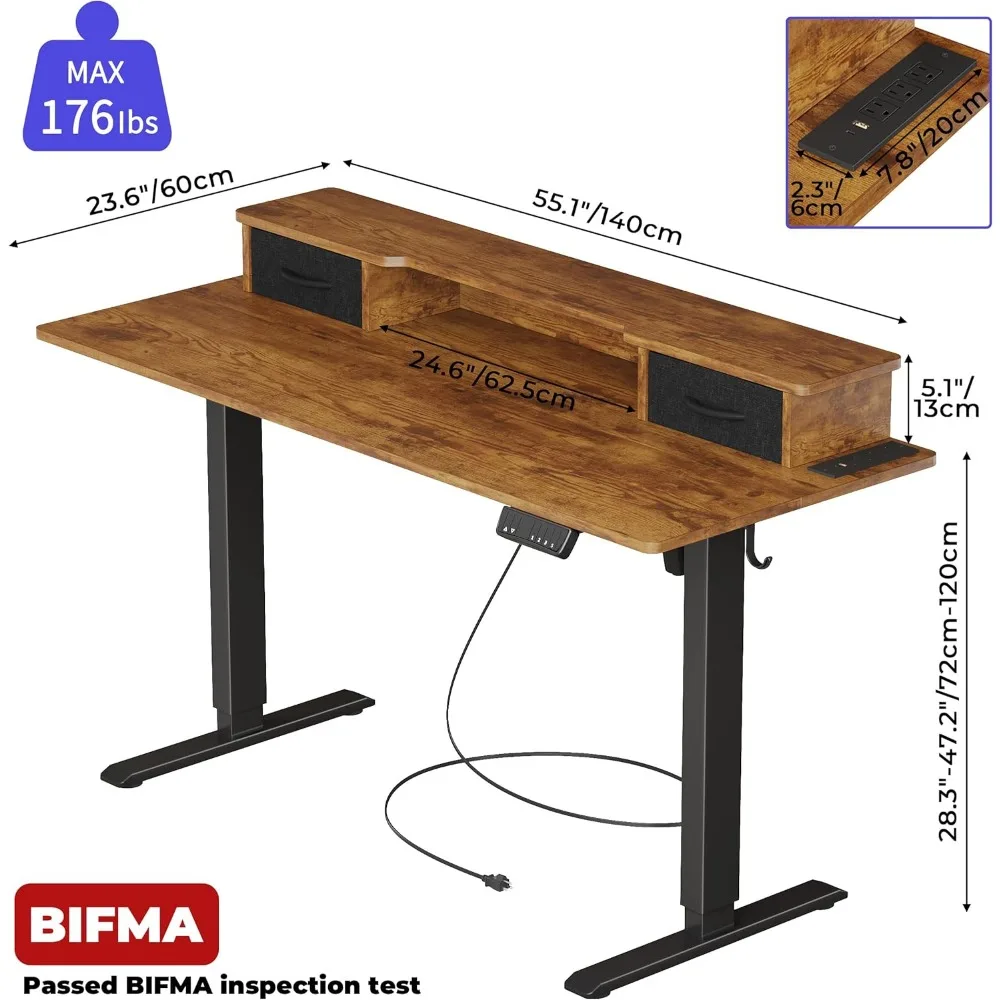 Desk, Height Adjustable with USB and Type-C Sockets, Electric Standing with Monitor Lift and Double Drawer, Gaming Computer Desk