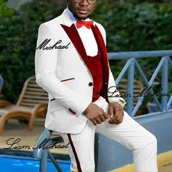 White with Red Men's Suit 3 Piece Velvet Wedding Groom Tuxedo Formal Party Blazer Fashion Dress Men Custome Suits