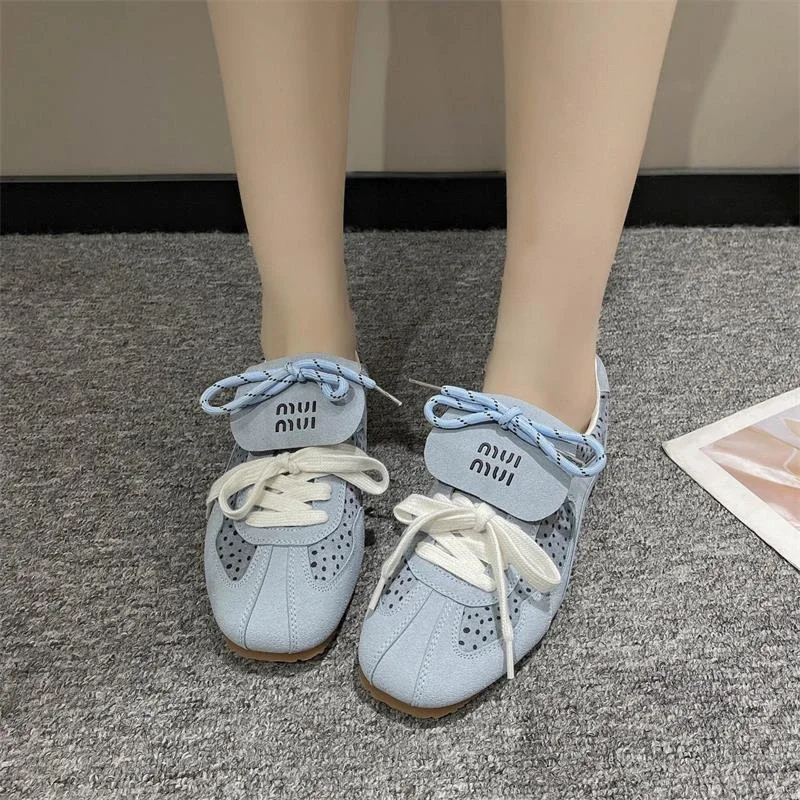 New Women\'s Single Shoes Autumn New Flat Round Head Frosted Matching Color Lace-up Sneakers Casual Comfortable Non-slip Shoes