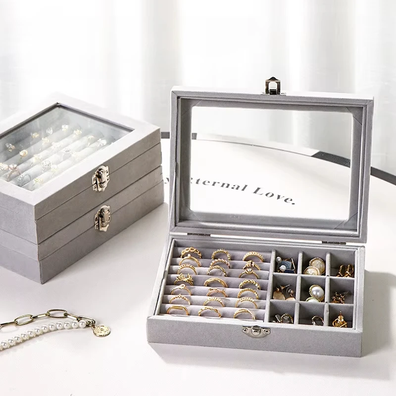 Jewelry Box with Velvet Flap Cover Transparent Dust-Proof One-Layer Nine Grids Large Capacity Anti-Oxidation Jewelry Storage Box