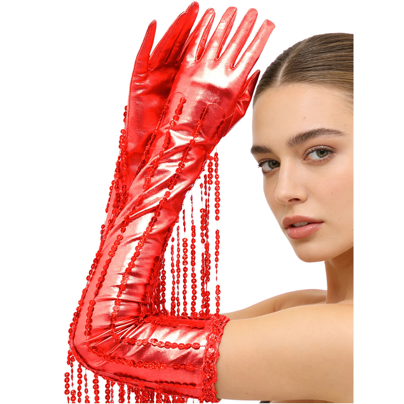 レディースのまばゆいスパンコールフリンジグローブ、メタリックな輝き、1920年代のオペラスタイルのグローブアクセサリー、プロムや社交ダンスのパフォーマンスに最適
