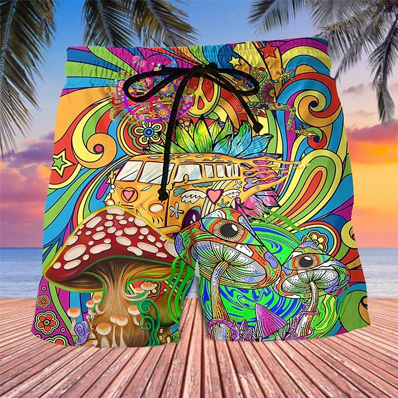 Calça curta masculina com gráfico cogumelo abstrato, shorts de praia para férias no Havaí, baús hip hop, bermudas coloridas, boardshorts, roupas