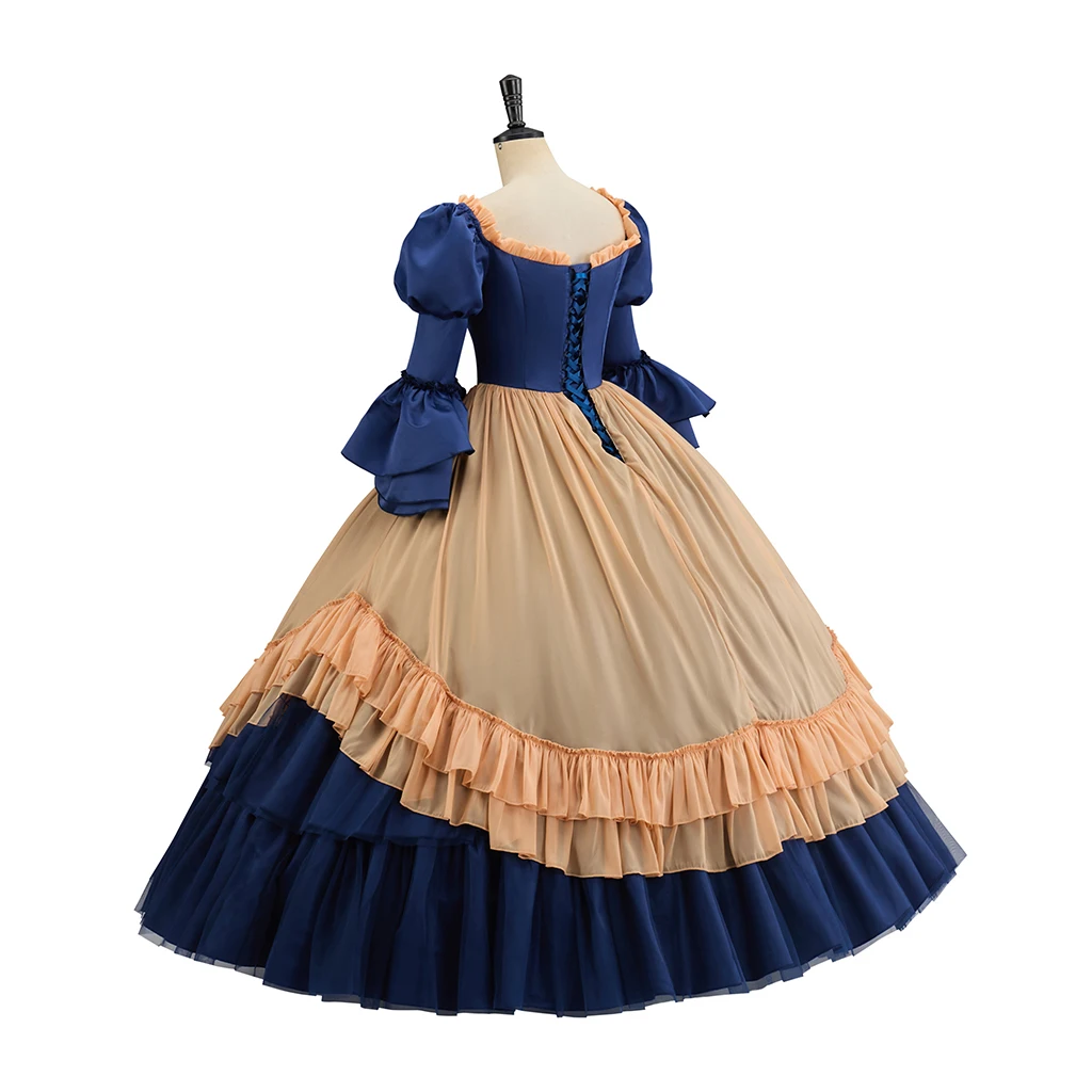 Vestido largo victoriano con bullicio, vestido de corte azul oscuro, disfraz de princesa real renacentista, disfraz Medieval británico para mujer