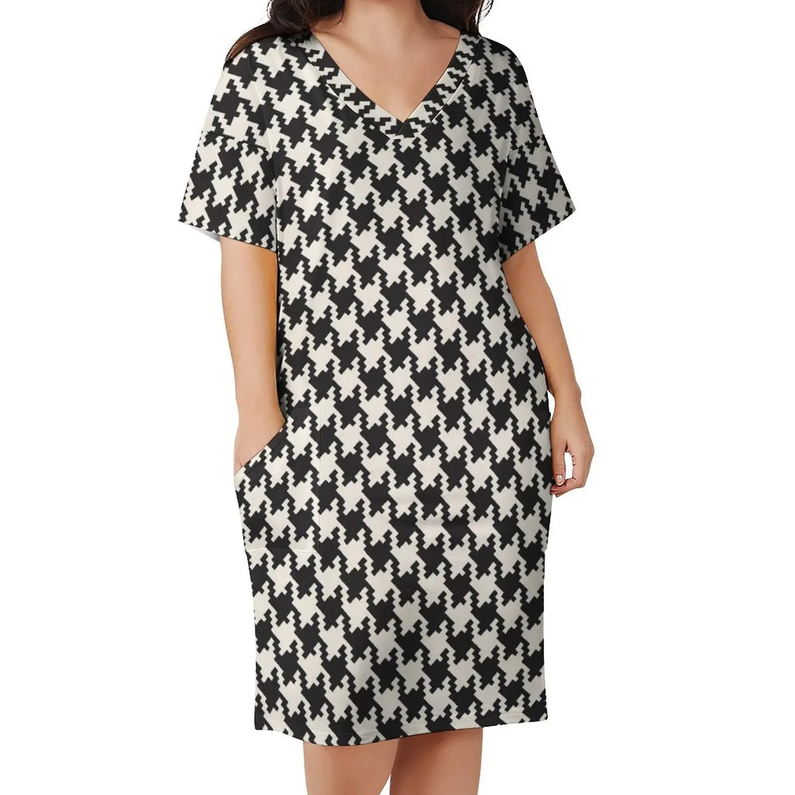 

Houndstooth Check Dress Female Black And White Aesthetic Casual Dress Spring V Neck Retro Oversized Dresses Birthday Gift