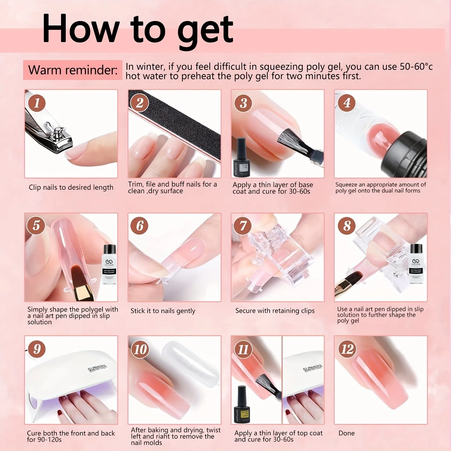 Poly Gel Extension Tool Set, Including 30ml of Cleaner fluid, 7.5ml Base Coat and Top Coat， Nail Mold, Nail Clip And Nail Brush