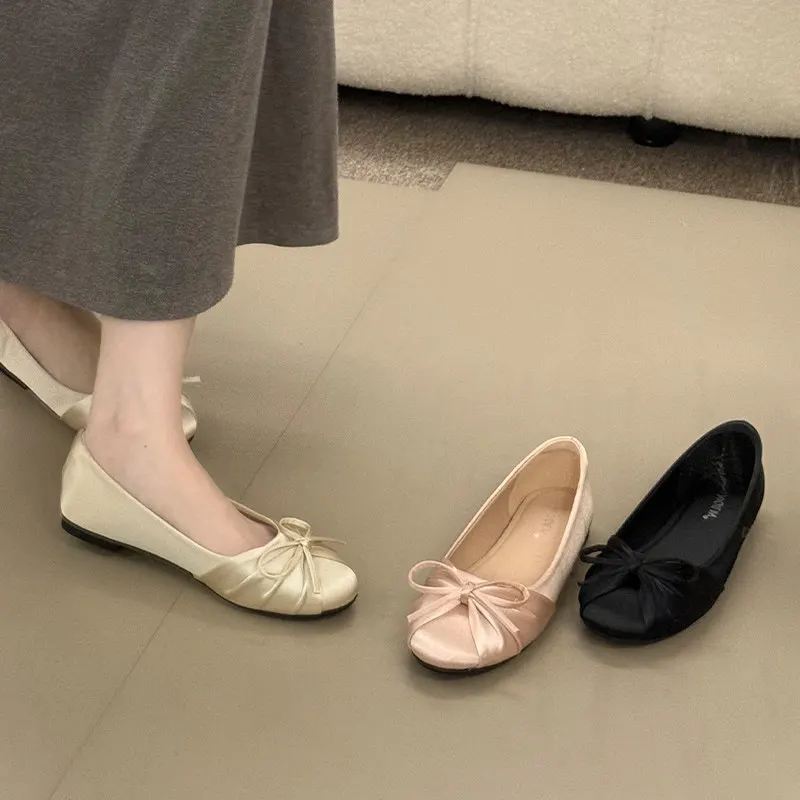 Gentle Satin Bow Soft Sole Scoop Shoes Women's Soft Leather Single Shoes Square Toe Inside Heightening