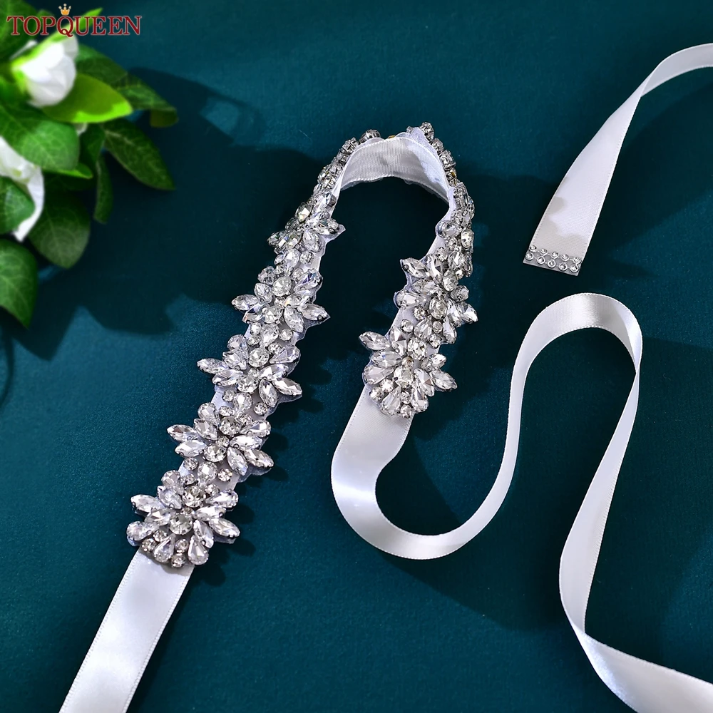 TOPQUEEN حزام زفاف مخيط يدويًا مناسب للارتداء اليومي إكسسوار زفاف فضي حجر الراين فستان زهري وشاح S269